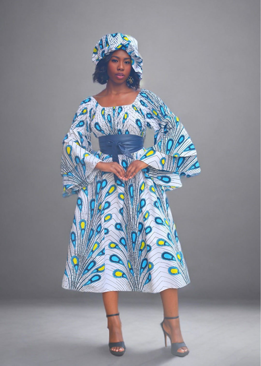 African Print Double Bell Sleeve Midi Dress (New)