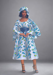 African Print Double Bell Sleeve Midi Dress (New)