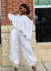 Women's White Linen Dropped Shoulder Pants Set