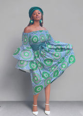 African Print Double Bell Sleeve Midi Dress (New)