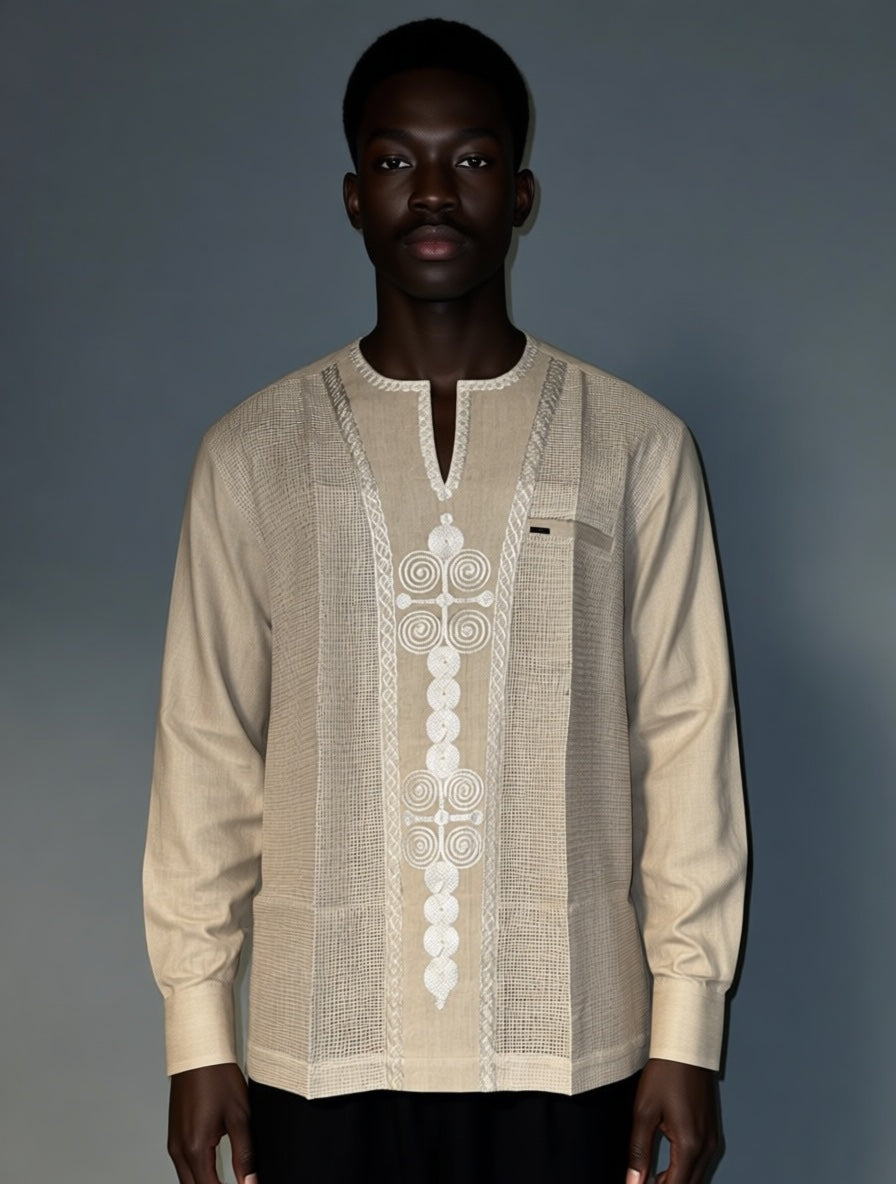 Men's Linen Mesh Shirt with Embroidery (Long Sleeves)