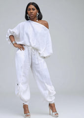 Women's White Linen Dropped Shoulder Pants Set