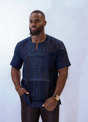 Men's Linen Mesh Shirt with Embroidery (Short Sleeves)