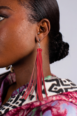 Long Red Leather Tassel Earrings - Statement Dangle Jewelry