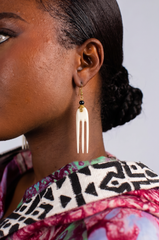 White Bone Fork Earrings with Black Beaded Accent - Boho Style Dangle Earrings