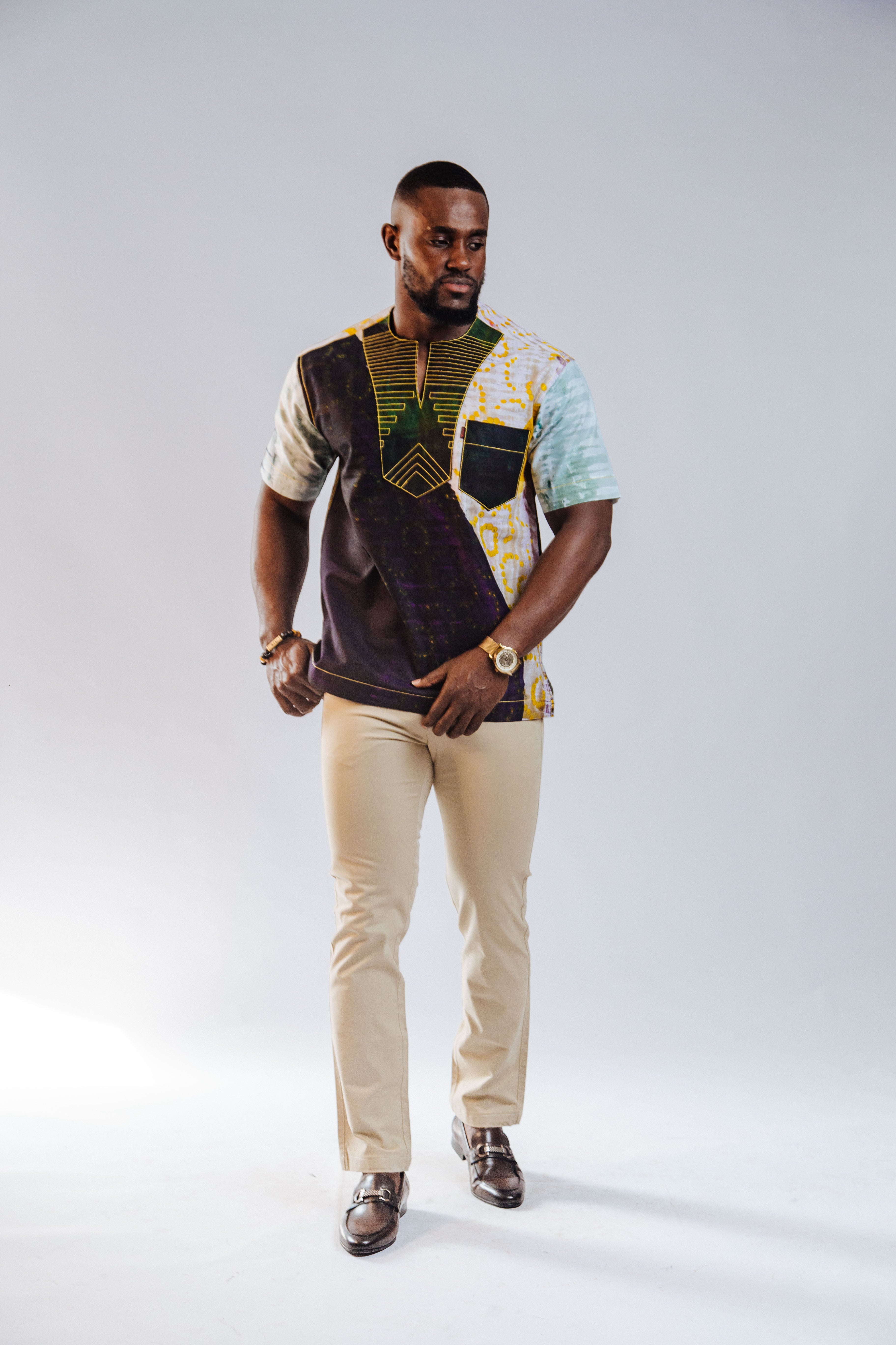 Ankara Men's Splash and Polished Cotton Mixed Short Sleeve Shirt