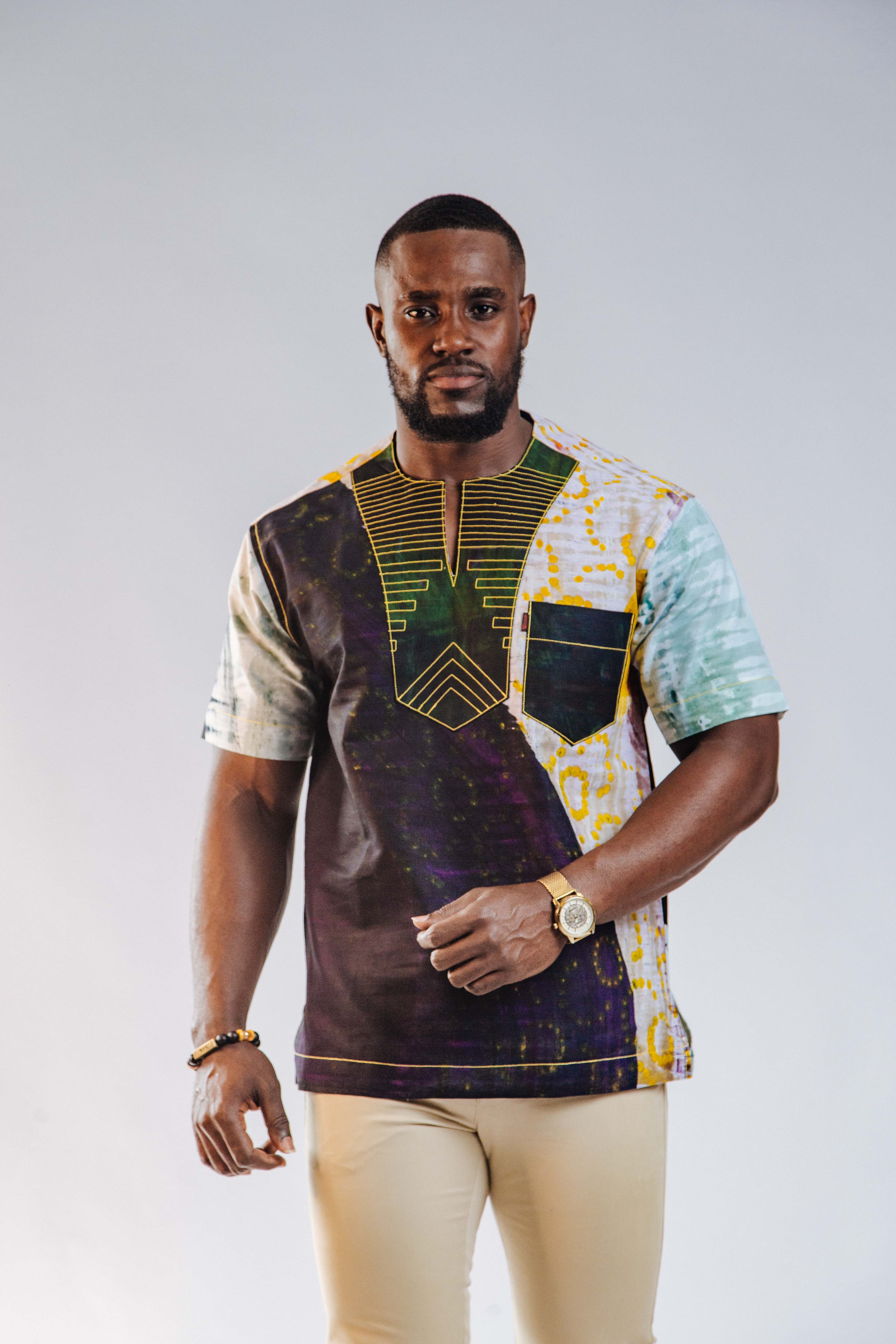 Ankara Men's Splash and Polished Cotton Mixed Short Sleeve Shirt