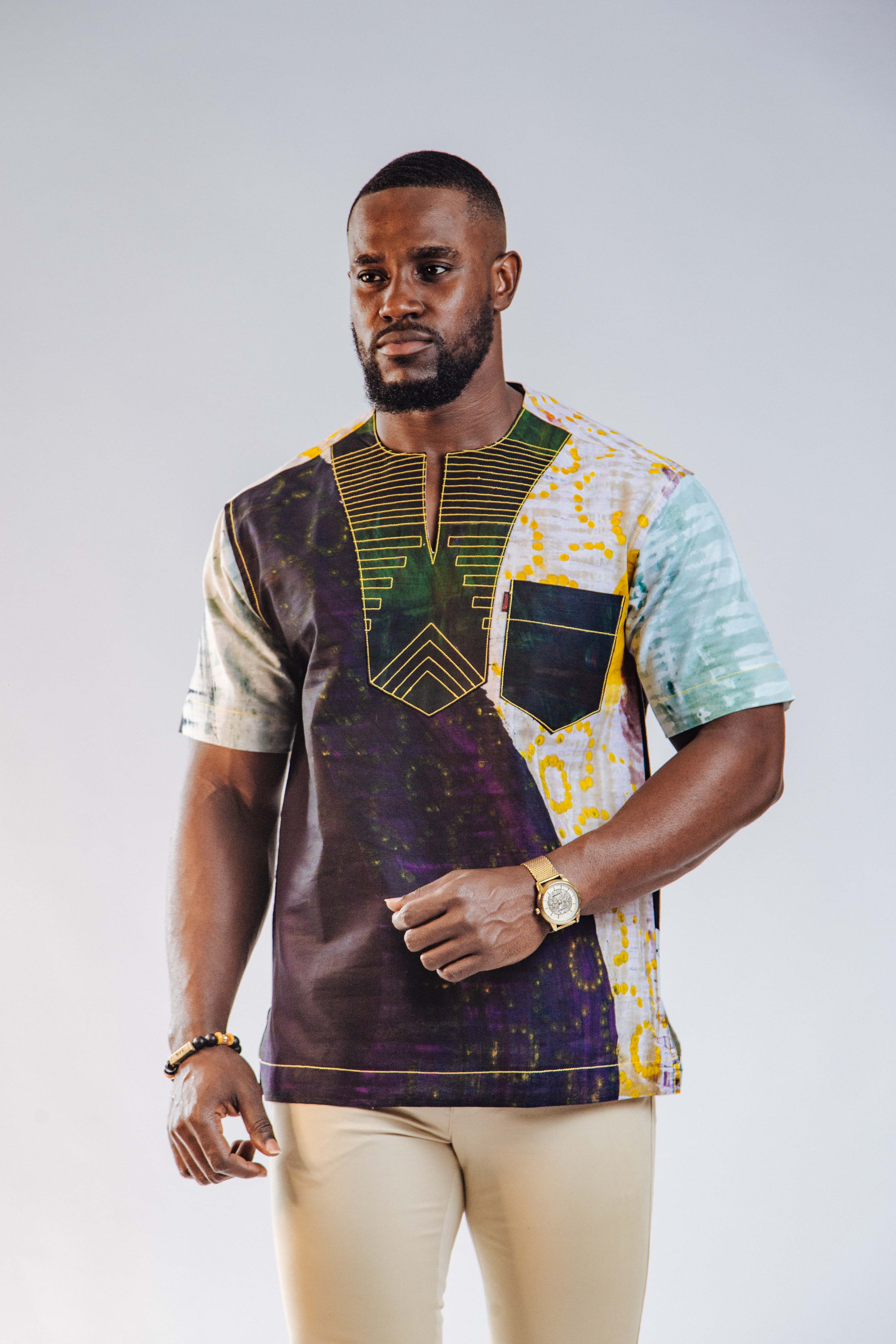 Ankara Men's Splash and Polished Cotton Mixed Short Sleeve Shirt