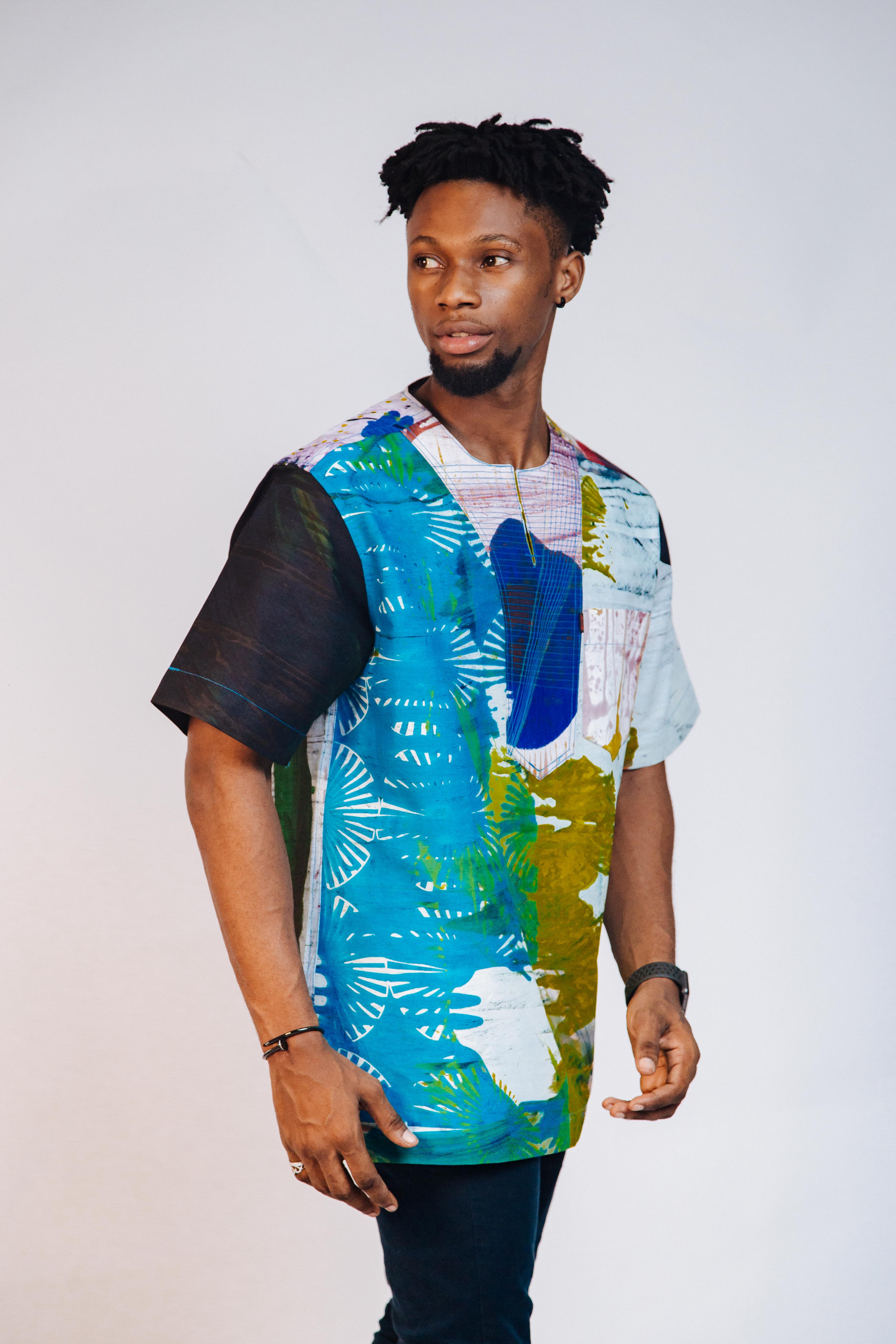 Ankara Men's Splash and Polished Cotton Mixed Short Sleeve Shirt