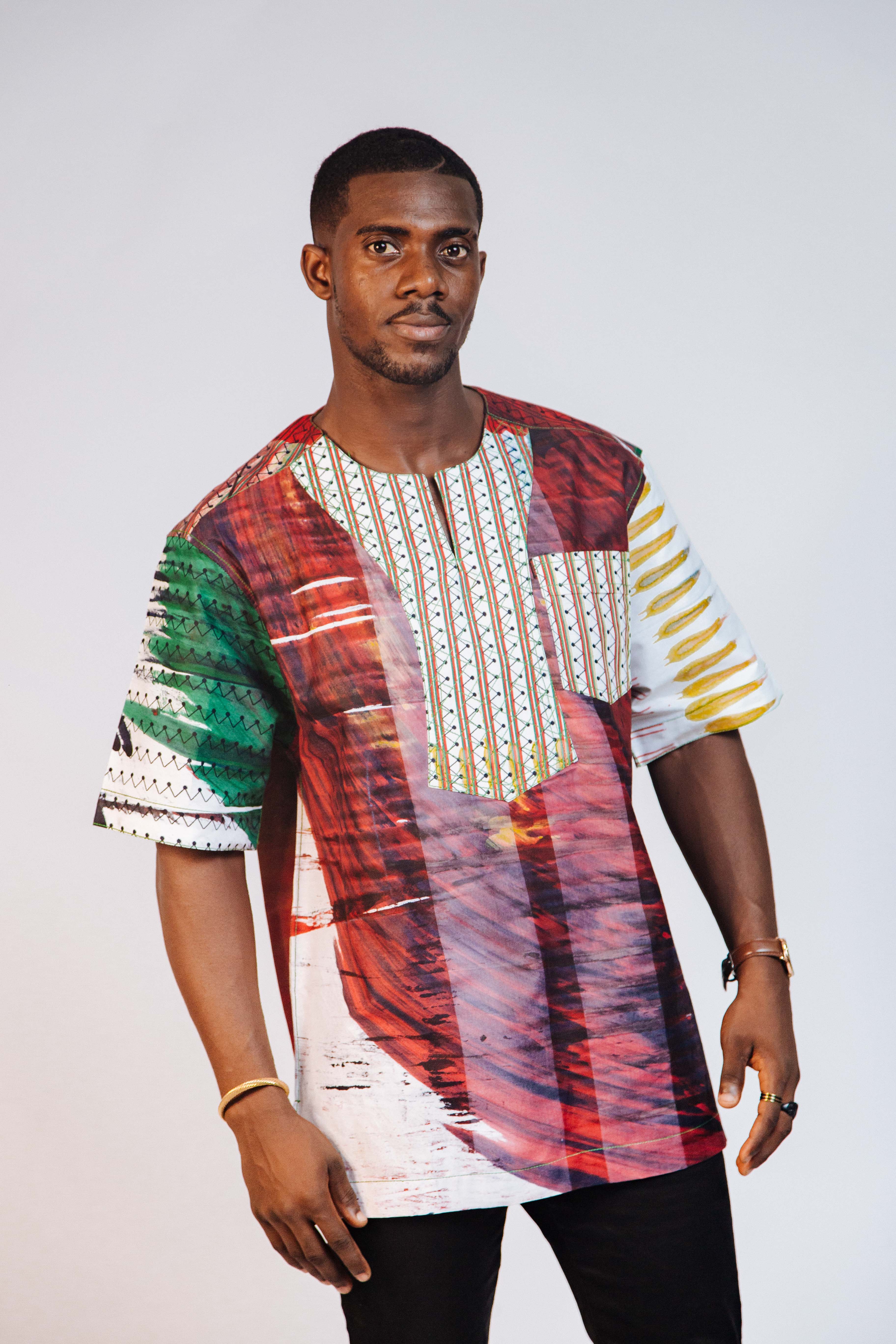 Ankara Men's Splash and Polished Cotton Mixed Short Sleeve Shirt