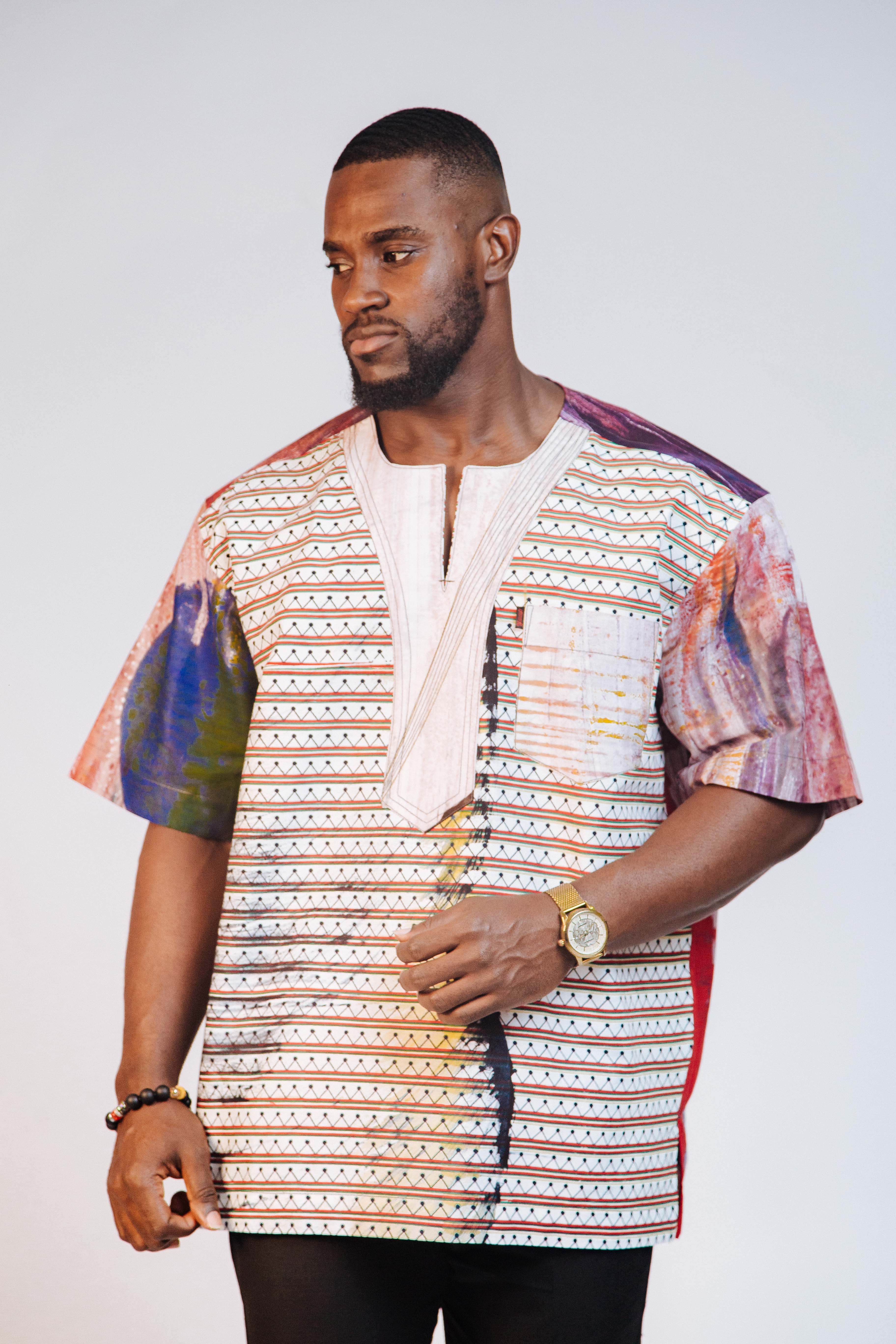 Ankara Men's Splash and Polished Cotton Mixed Short Sleeve Shirt