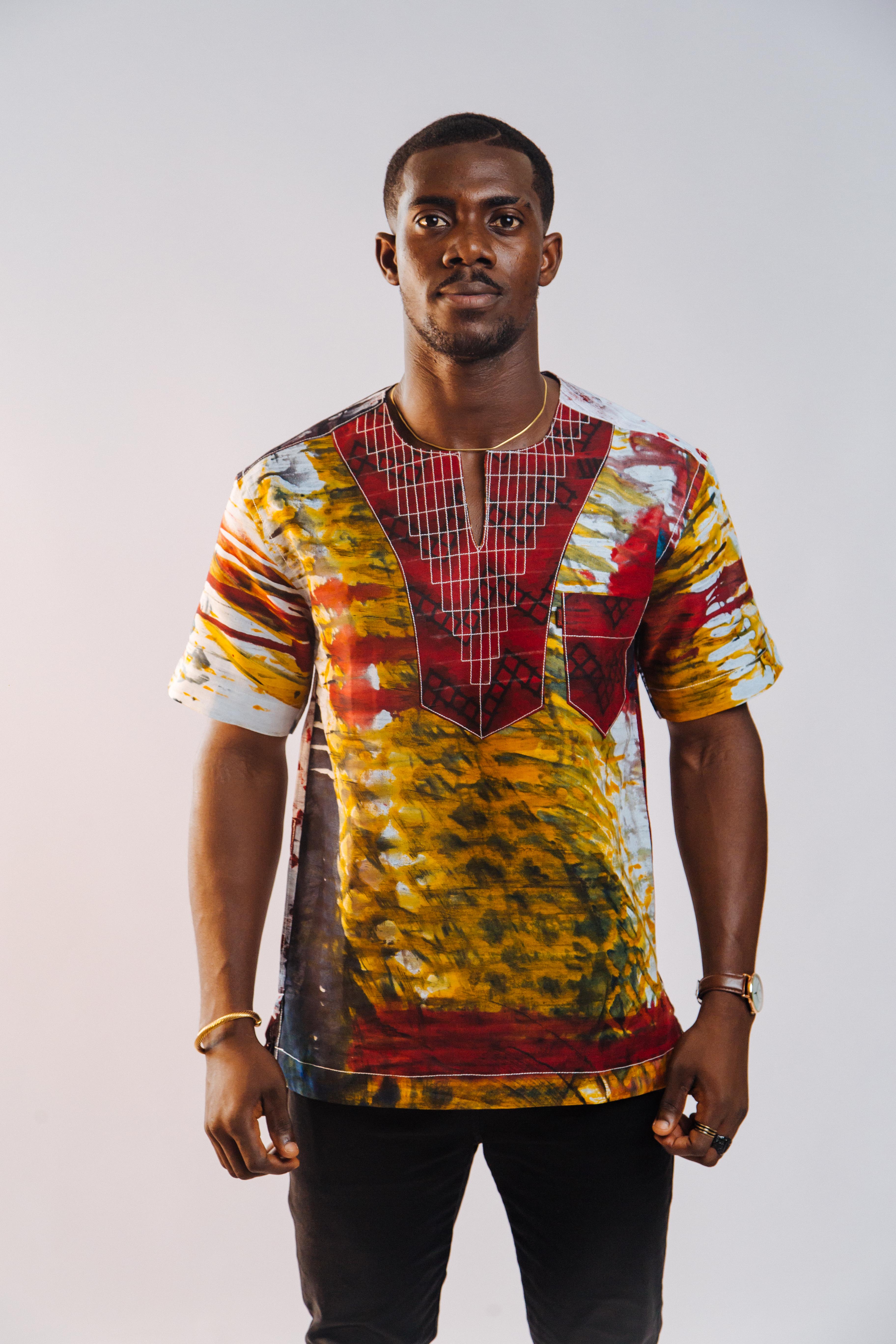 Ankara Men's Splash and Polished Cotton Mixed Short Sleeve Shirt