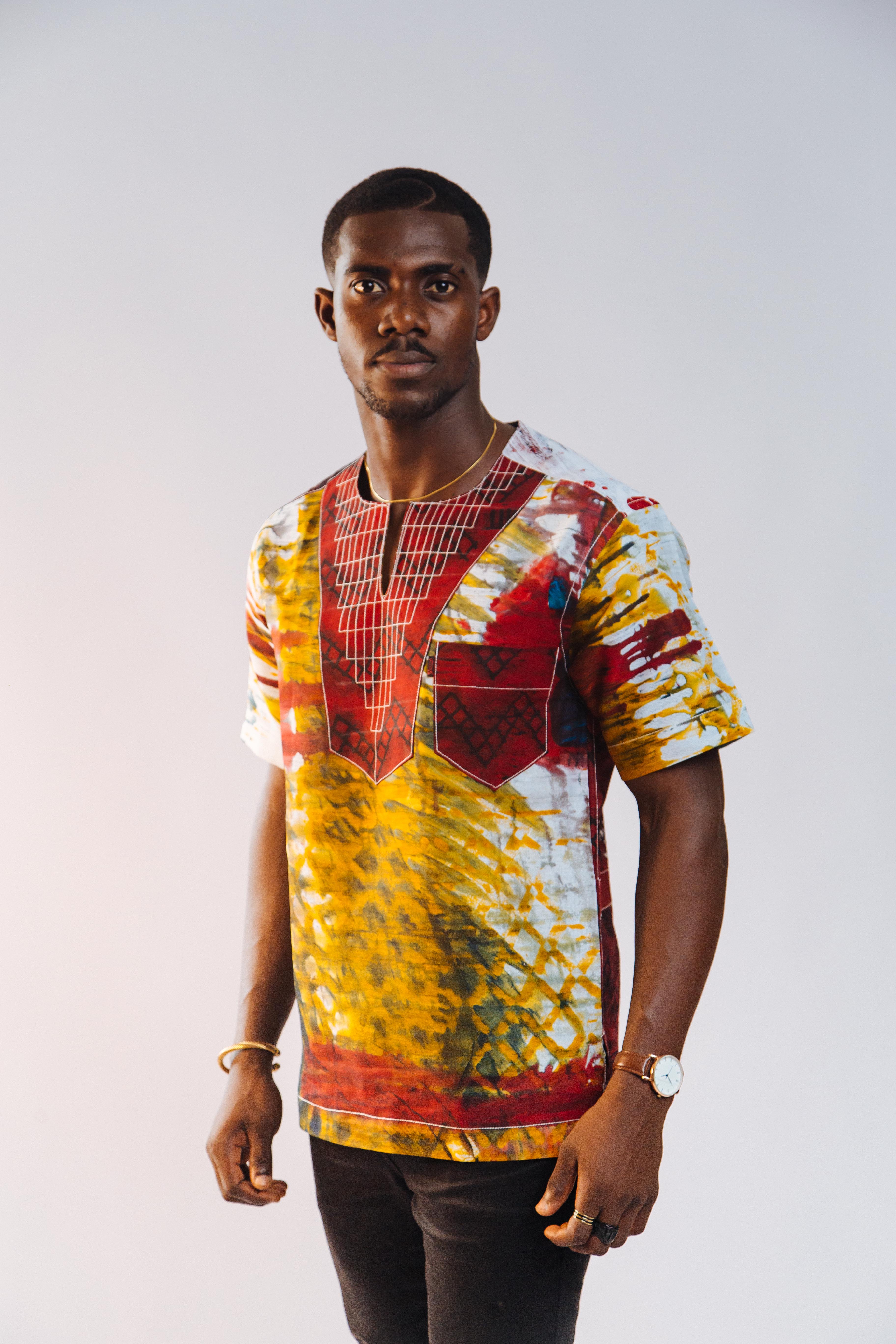 Ankara Men's Splash and Polished Cotton Mixed Short Sleeve Shirt