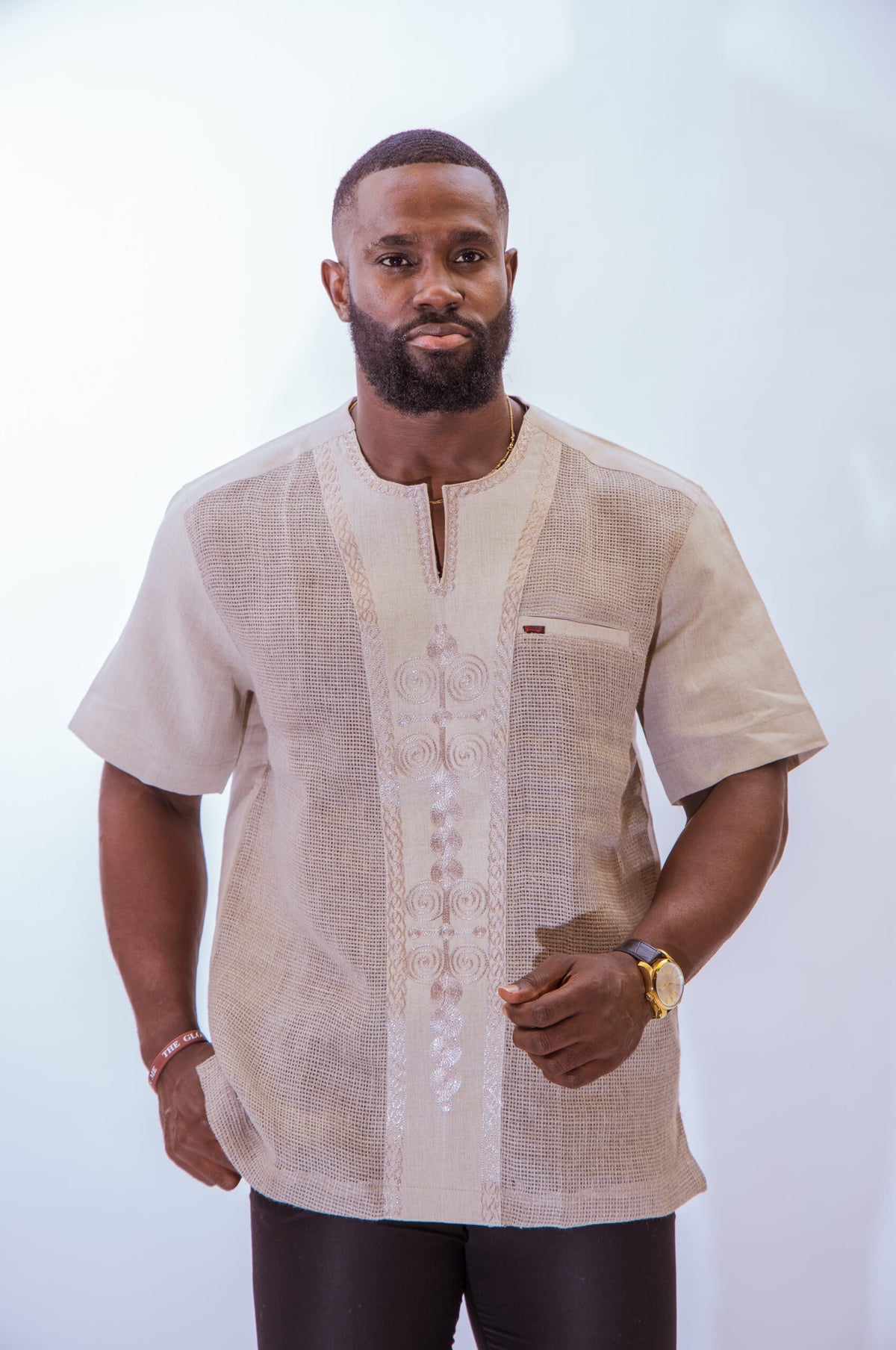 Men's Linen Mesh Shirt with Embroidery (Short Sleeves)